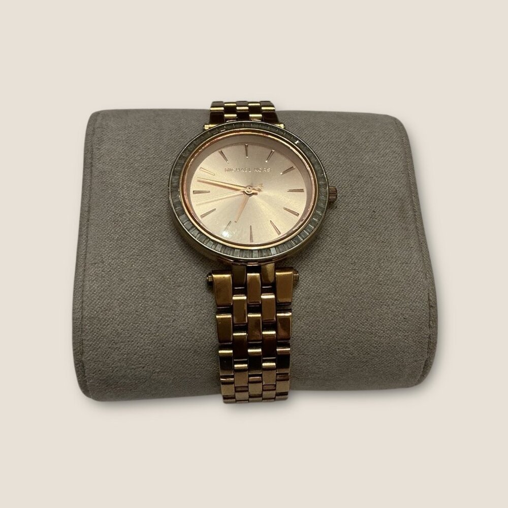 Michael Kors Rose Gold Watch With Rhinestones & 7-Inch Band In Box - Picture 2 of 5